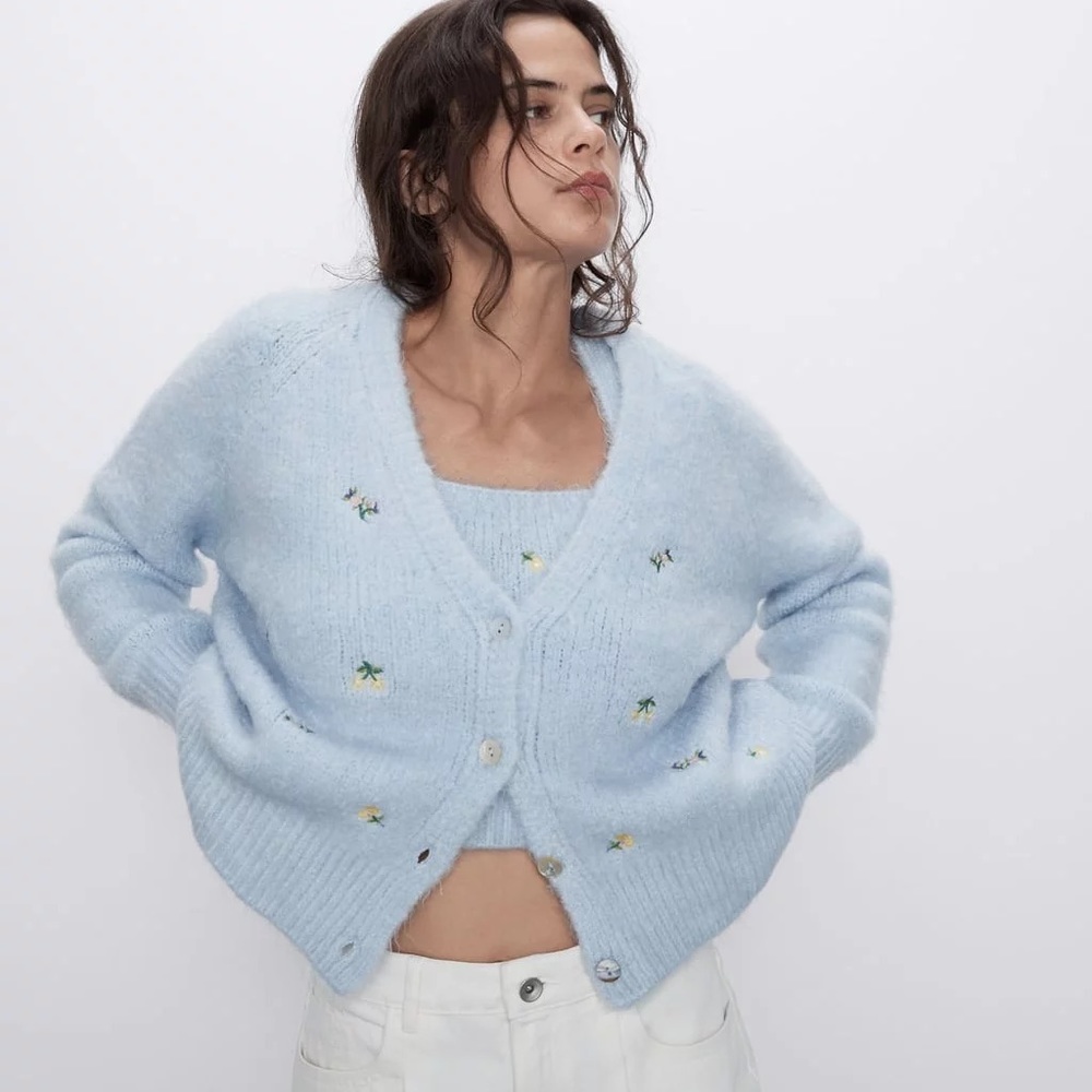 Zara Floral Embroidered Cardigan and Top set
